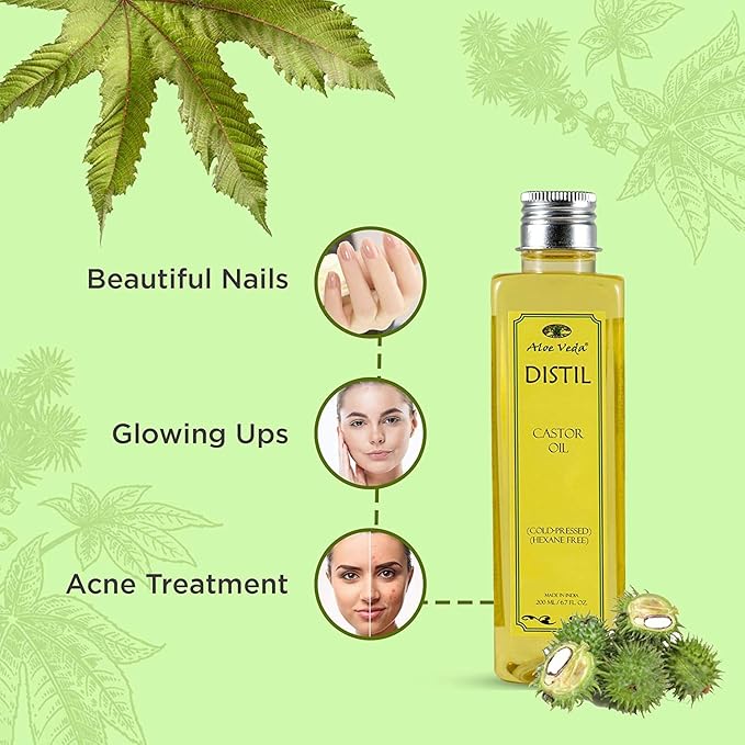 Aloe Veda Distil 100% Pure Cold-Pressed Castor Oil for Hair Growth, Skin Care, Moisturising Dry Skin, Nails, Eyelash, 200ml